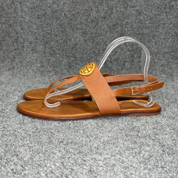 Tory Burch Benton 2 Sandals Womens 11 Brown Leather Thong Ankle Wrap Buckle Flip - Picture 4 of 10